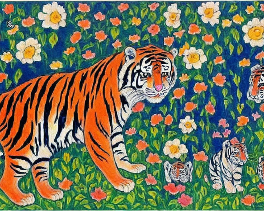 Vibrant painting of three tigers in a field of flowers on blue background