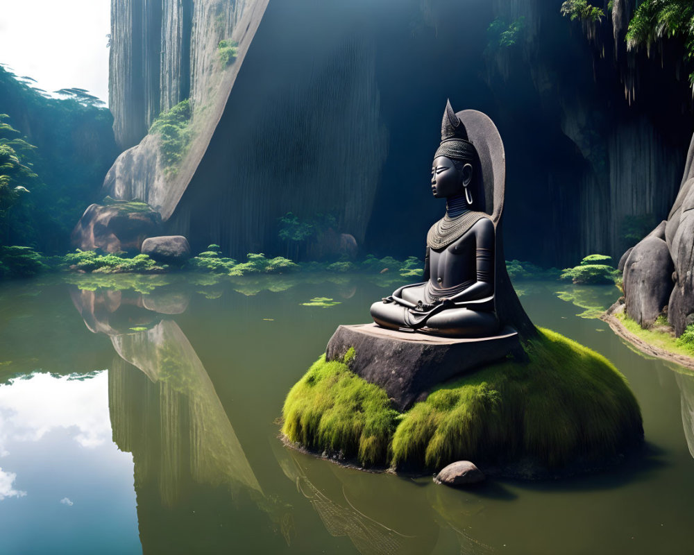 Tranquil Buddha statue on mossy island in serene pond