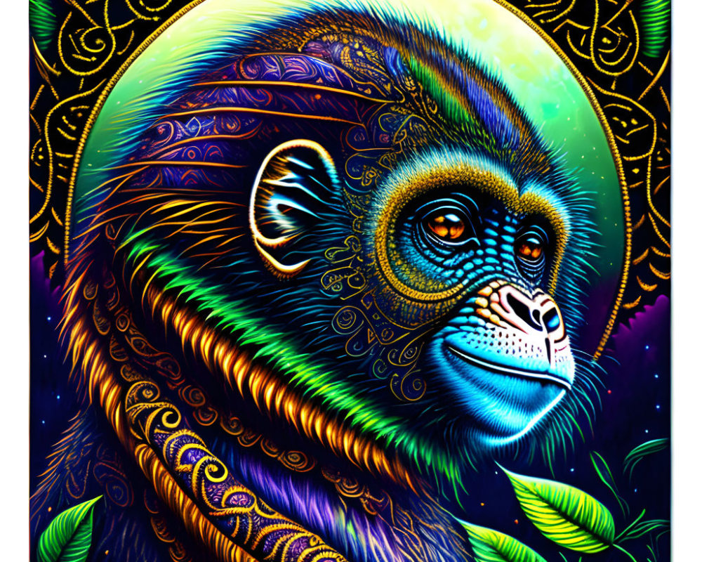 Colorful Monkey Illustration with Psychedelic Patterns and Mandala Background