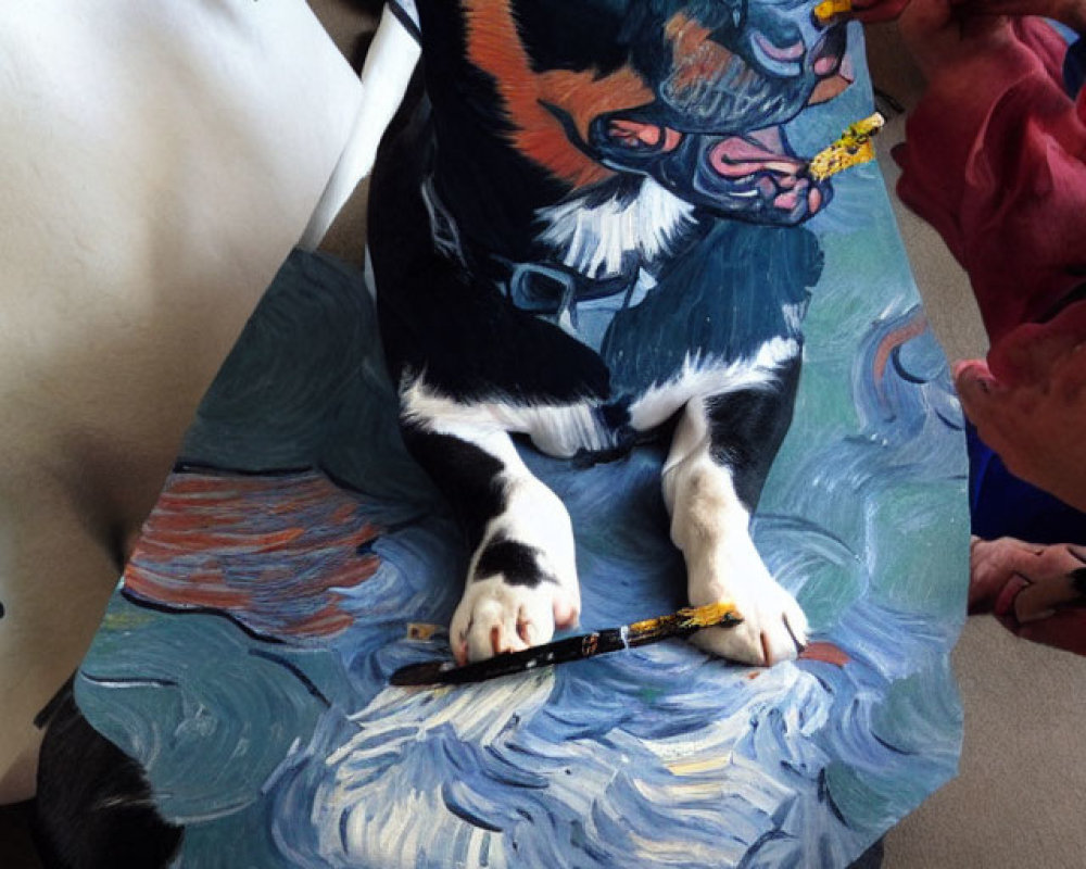 Whimsical portrait of a dog in formal attire with Van Gogh-inspired backdrop