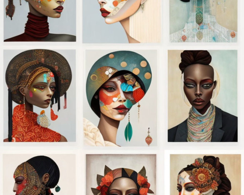 Nine Stylized Portraits of Women with Unique Face Paint and Elaborate Headwear