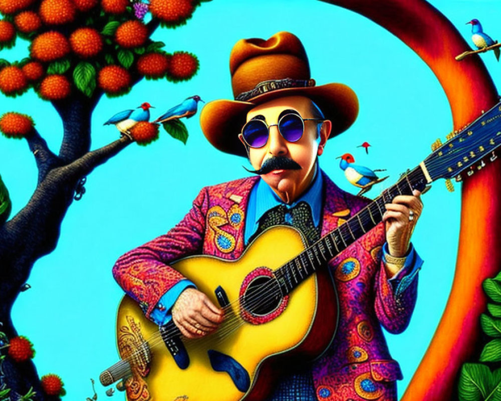 Colorful Suit and Hat Man Playing Guitar in Whimsical Nature Scene