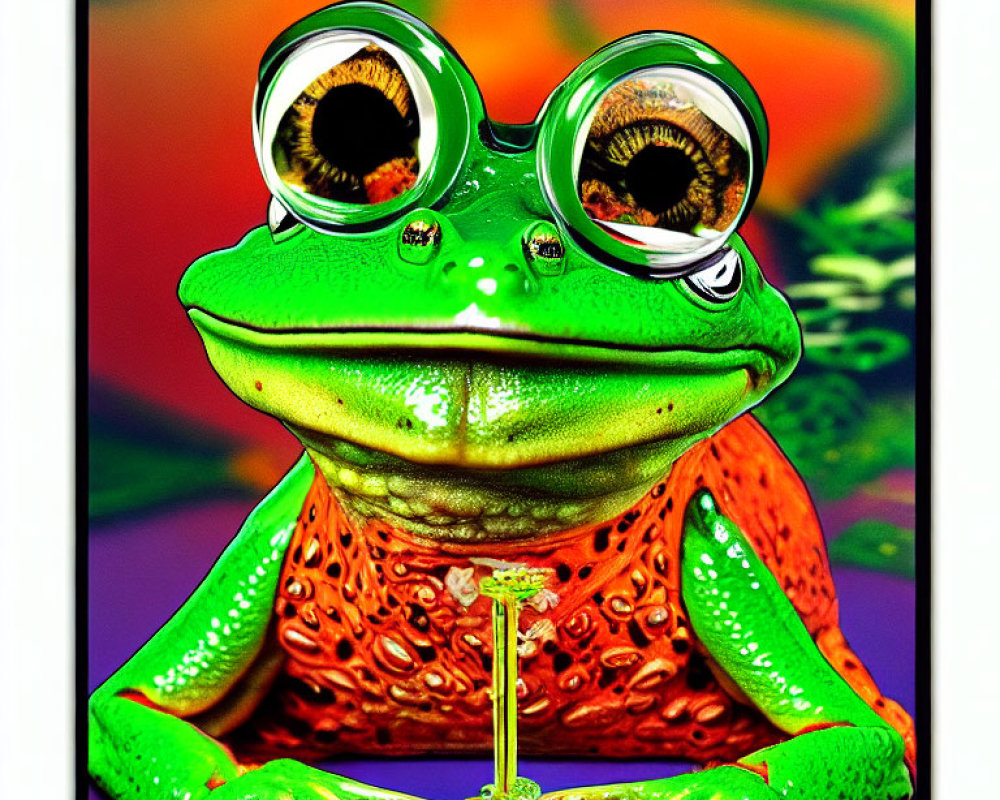 Colorful Stylized Frog Illustration with Large Eyes on Psychedelic Background