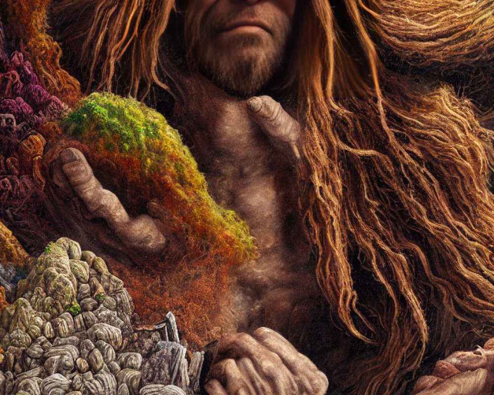 Fantastical figure with landscape body, tree hair, mossy shoulders, stone limbs