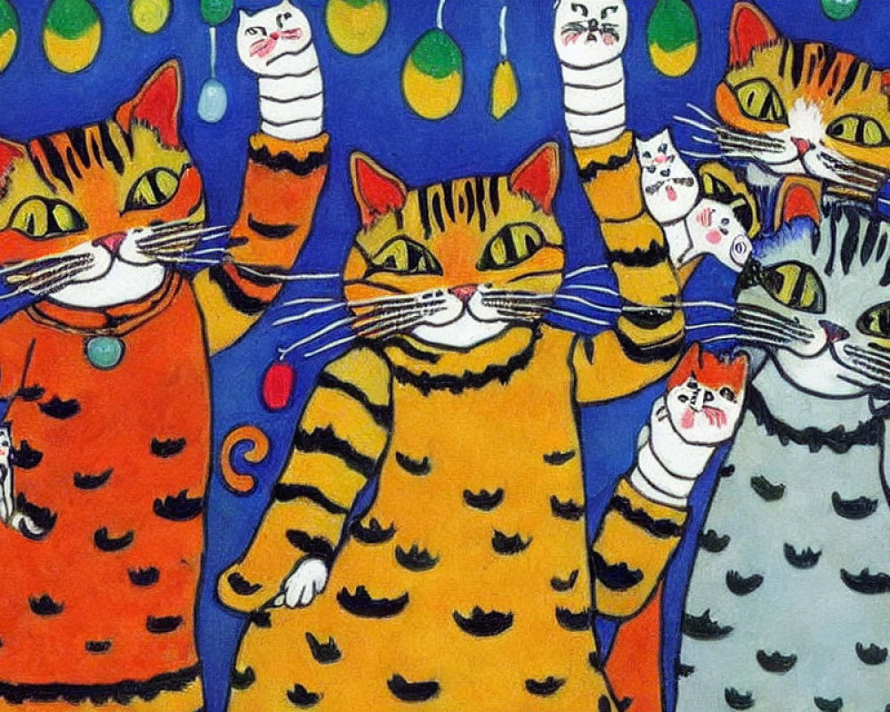 Vibrant anthropomorphic cat painting on blue background