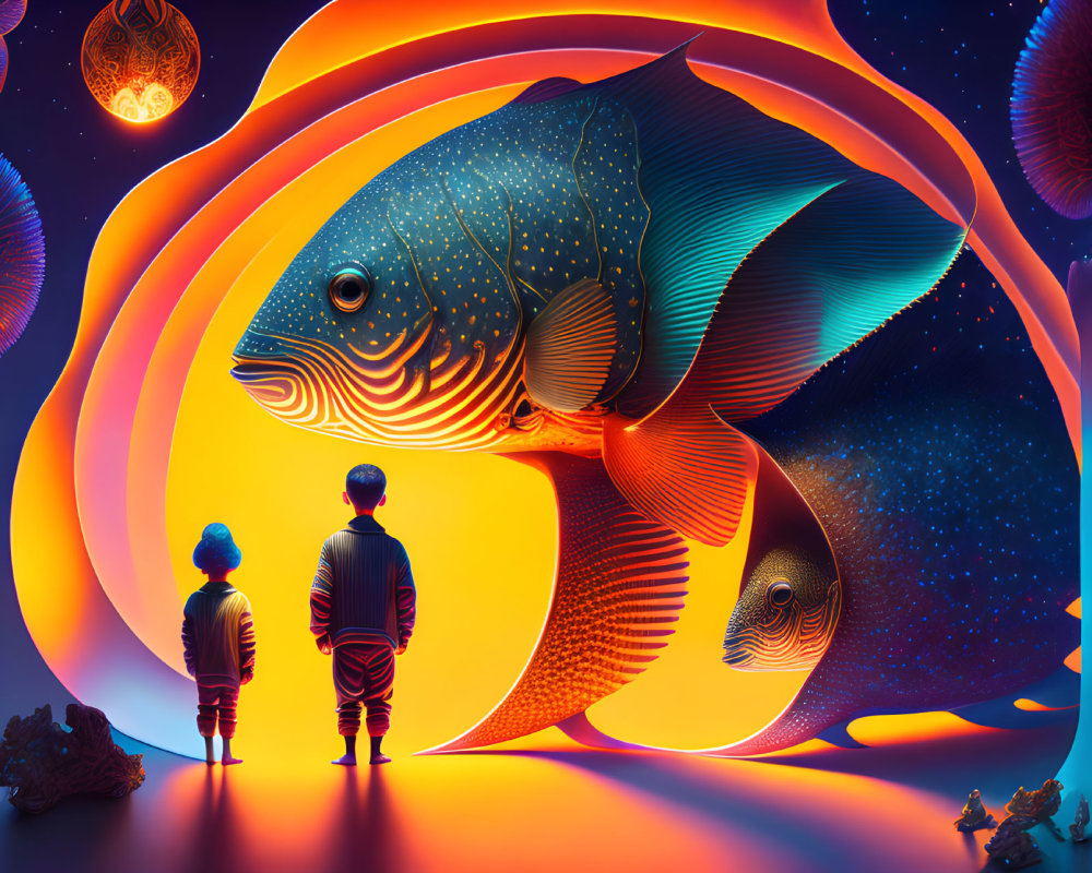 Children mesmerized by fantastical fish in vibrant cosmic ocean