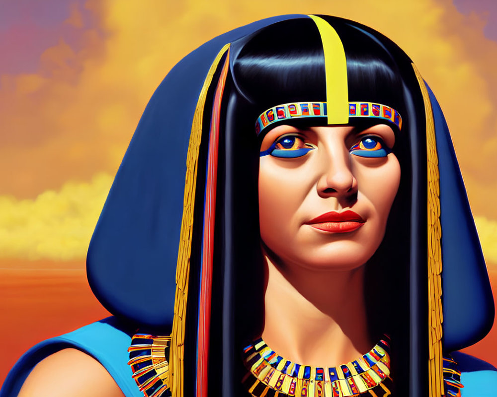 Colorful Cleopatra-inspired woman in digital art against orange sky