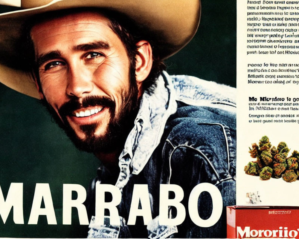 Vintage cowboy hat man in cigarette ad with text and green substance.