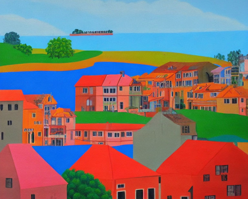Colorful Village Painting with Red, Orange, Pink Houses and Blue River