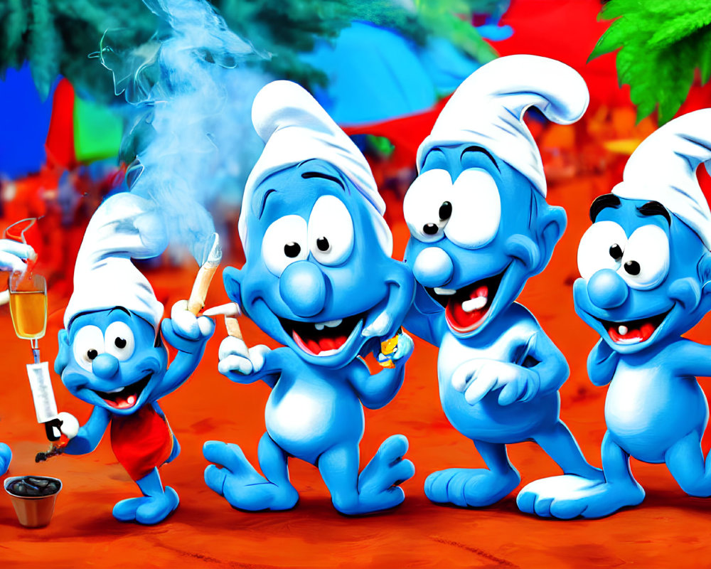 Blue animated characters in white hats gather happily with paintbrush and red cup, smiling.