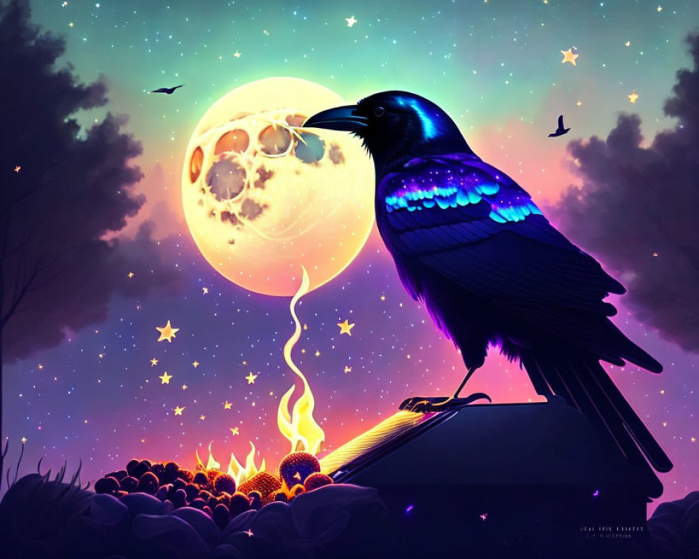 Illustration of raven on book with moon balloon in starry night sky