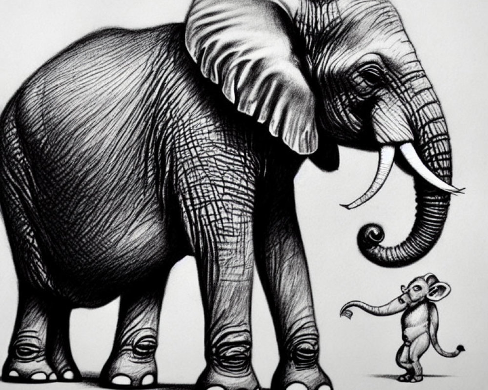 Pencil drawing of elephant and mouse interaction