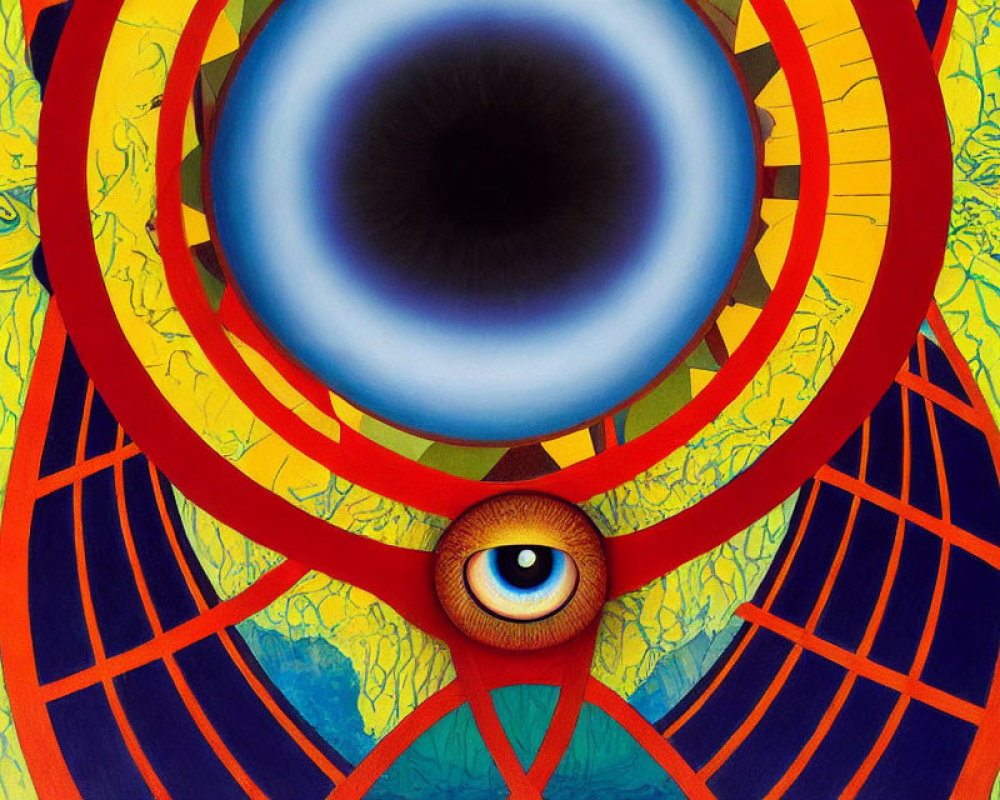 Abstract Artwork: Concentric Circles & All-Seeing Eye on Blue Background