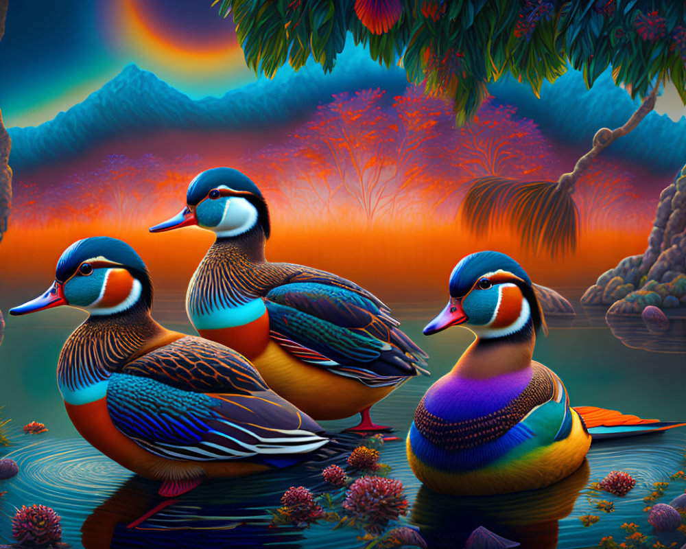 Colorful Mandarin Ducks on Tranquil Waters with Lush Foliage