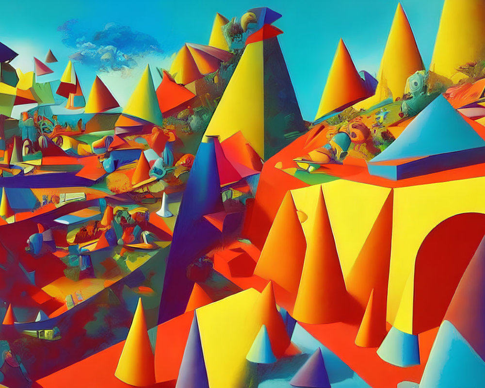 Colorful Geometric Landscape with Miniature Figures