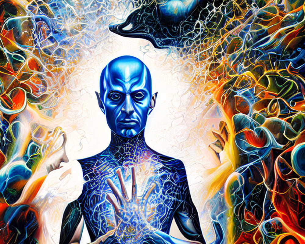 Colorful digital artwork of blue humanoid figure meditating with spectral face.