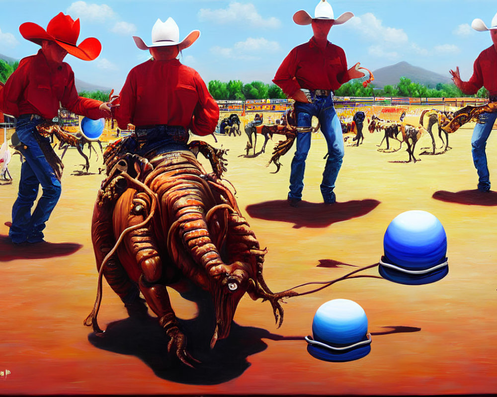 Three people in red shirts and white cowboy hats at a rodeo arena.