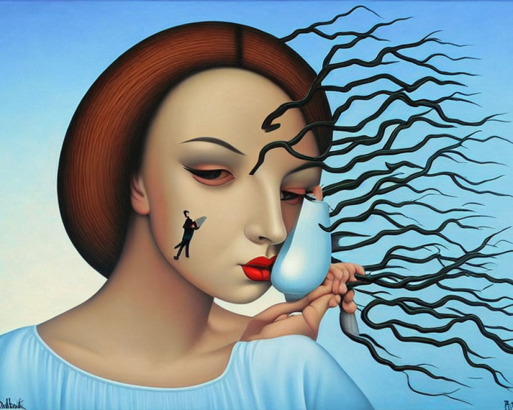 Surreal painting: woman with tear-shaped mask, small figure, tree-like hair branches, blue