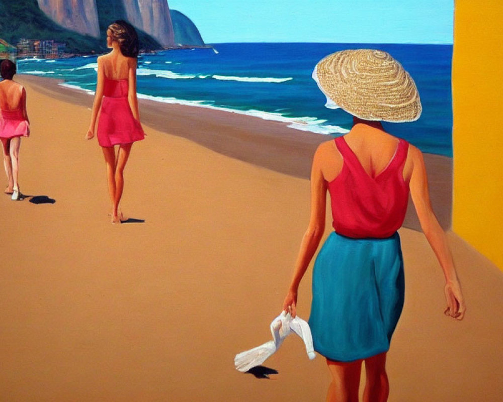 Three women walking on sunny beach with mountains in distance, dressed in summer clothes