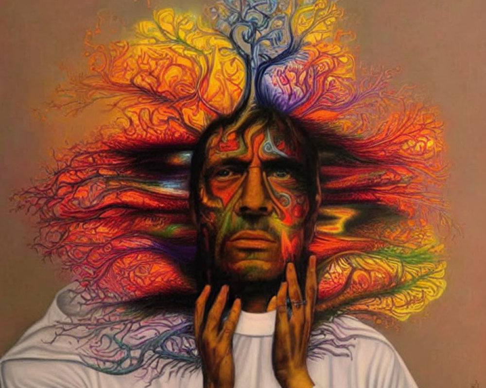 Vivid tree-like brain imagery above person's head with colorful branches and roots.