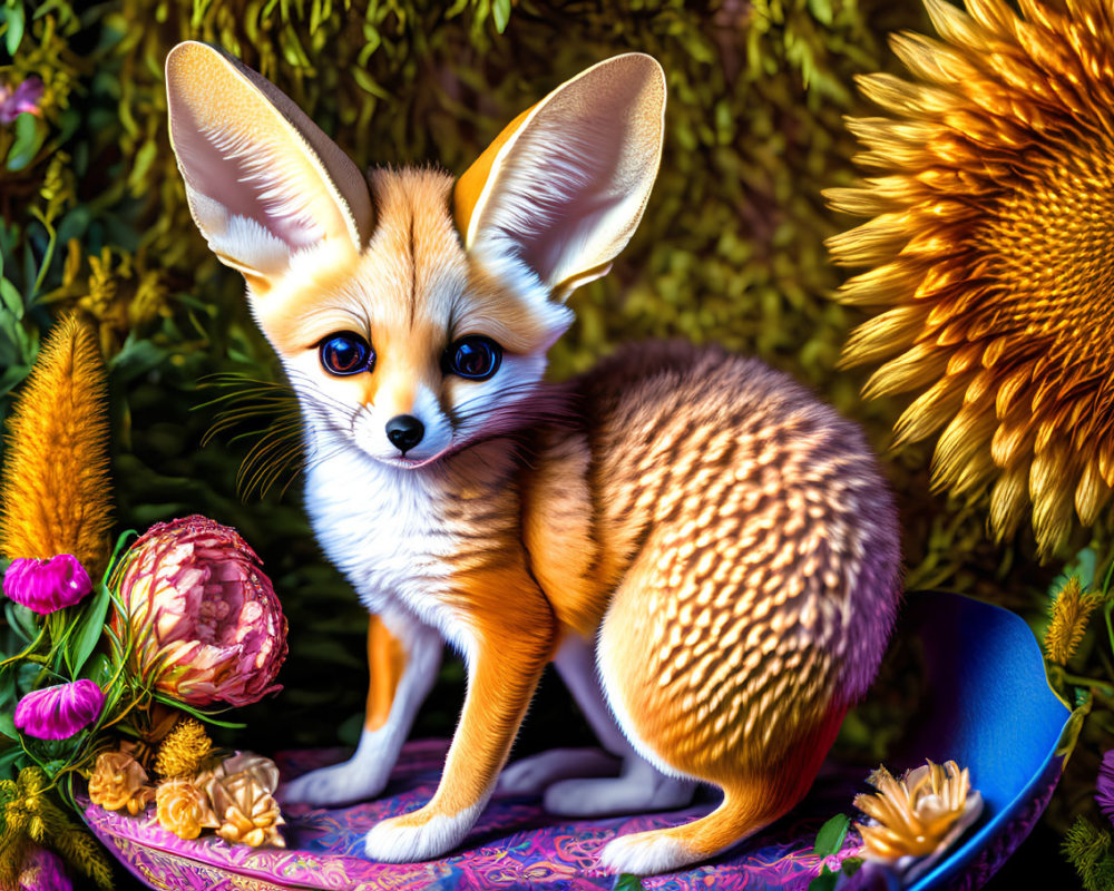 Colorful Digital Art of Fennec Fox with Large Ears and Flowers