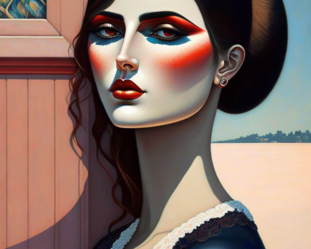 Stylized portrait of woman with sharp features and bold red eye makeup