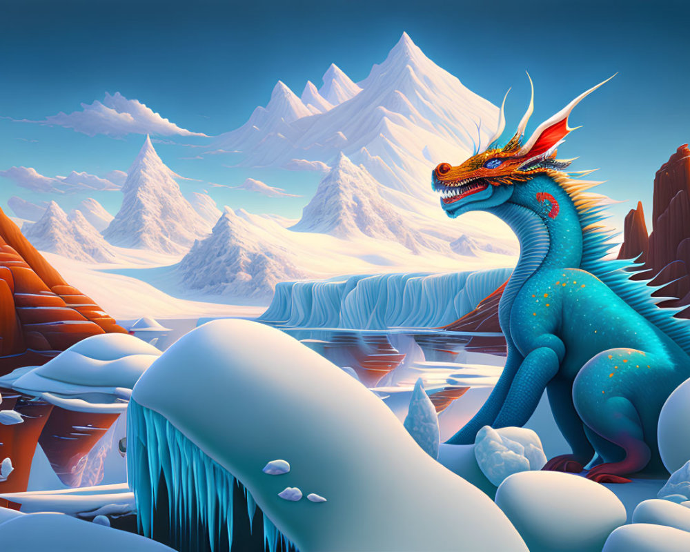 Blue Dragon in Icy Landscape with Mountains and Waterfalls