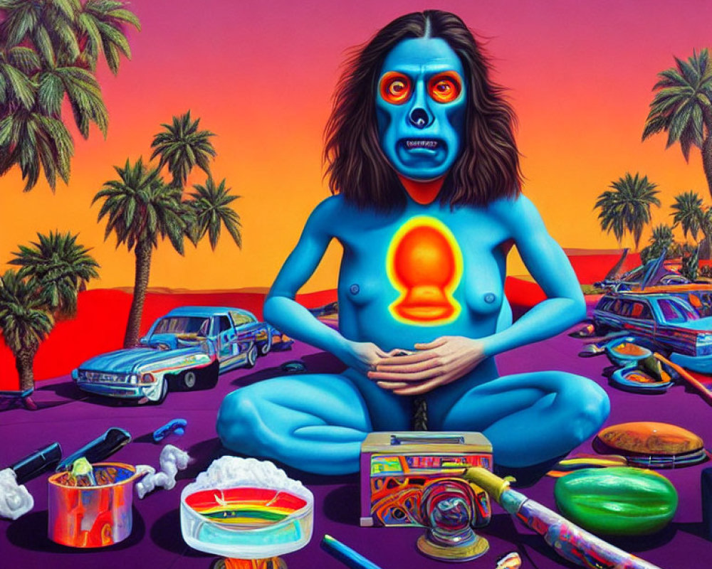 Blue-skinned person meditating in surreal tropical scene