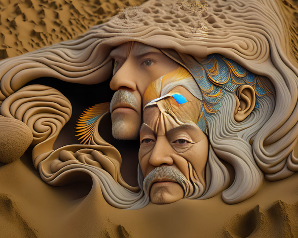 Composite Image Blending Male Faces with Desert Sand Dunes
