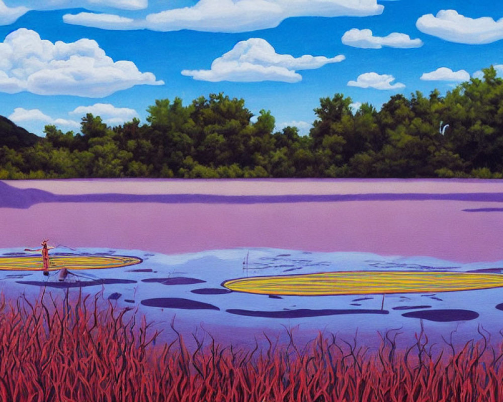 Colorful painting of person on lily pad in purple pond with pink reeds.