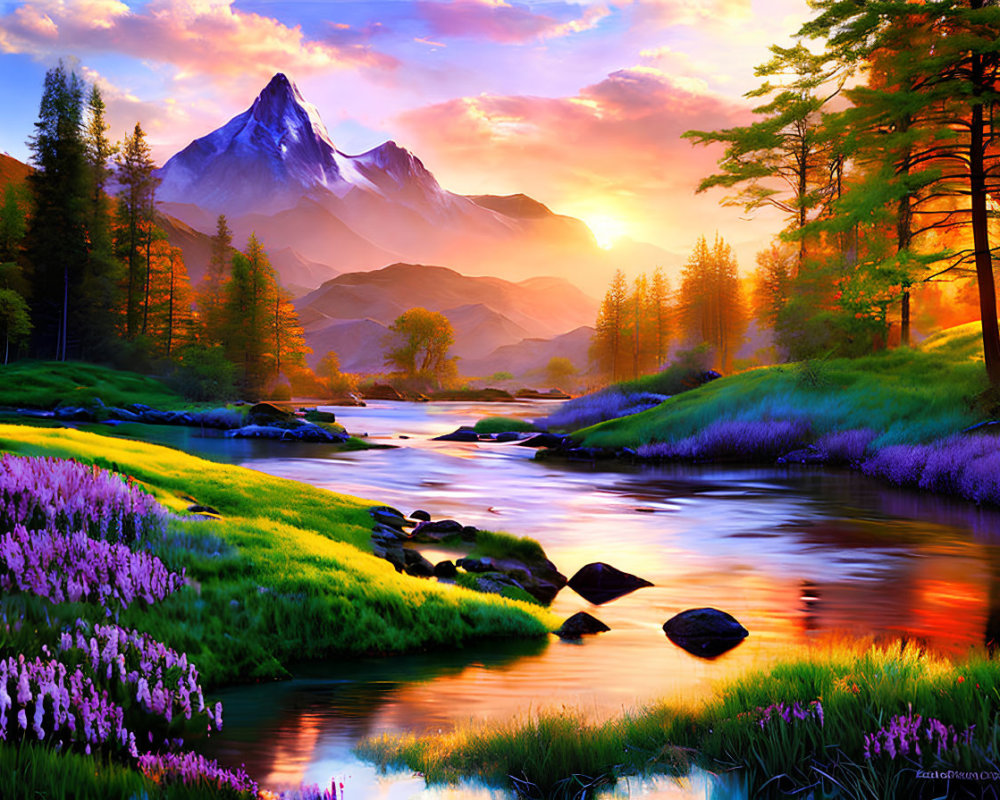 Scenic sunset over mountain landscape with river, trees, and wildflowers