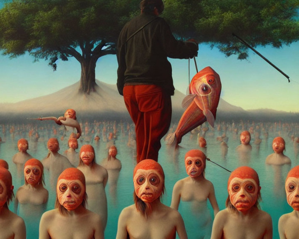 Person fishing giant fish under tree with surreal monkey-like figures and volcano in background
