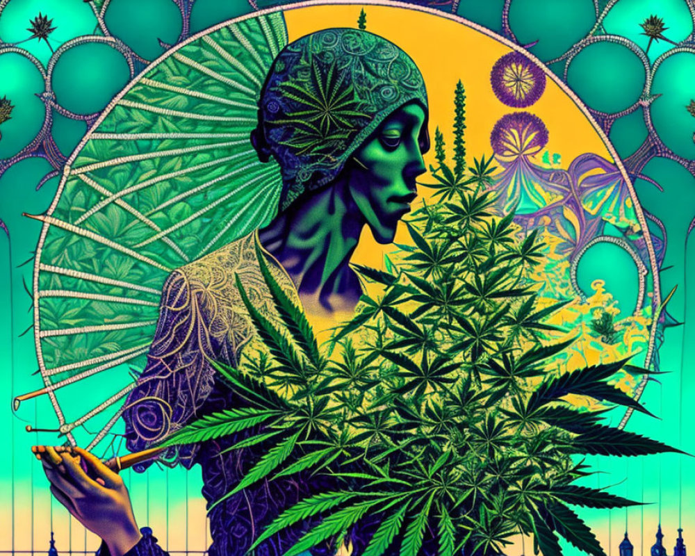 Digital artwork of woman with headpiece holding cannabis plant against celestial backdrop