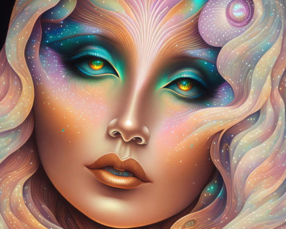 Vibrant galactic surreal portrait with swirling patterns and star-like speckles