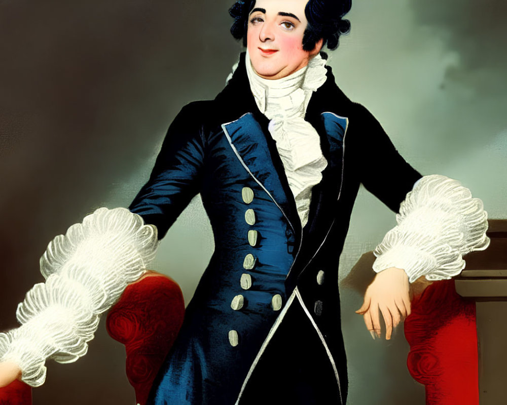 Smiling figure in 18th-century attire with white ruffled collar and cuffs, leaning on red
