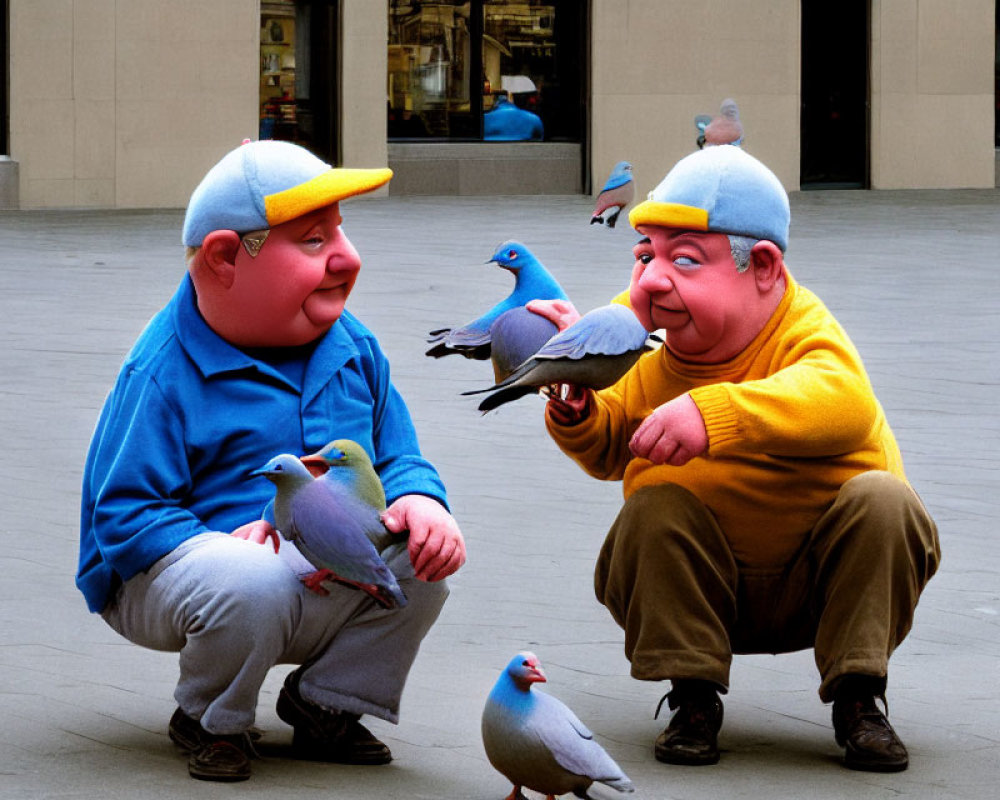 Two caricatured men in blue and yellow with oversized pigeons in urban scene