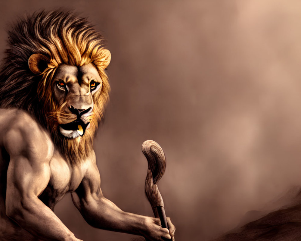 Majestic lion with human-like body holding staff on brown background