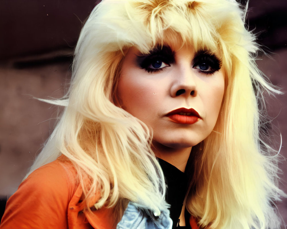 Blonde woman in orange jacket with bold makeup gazes at camera