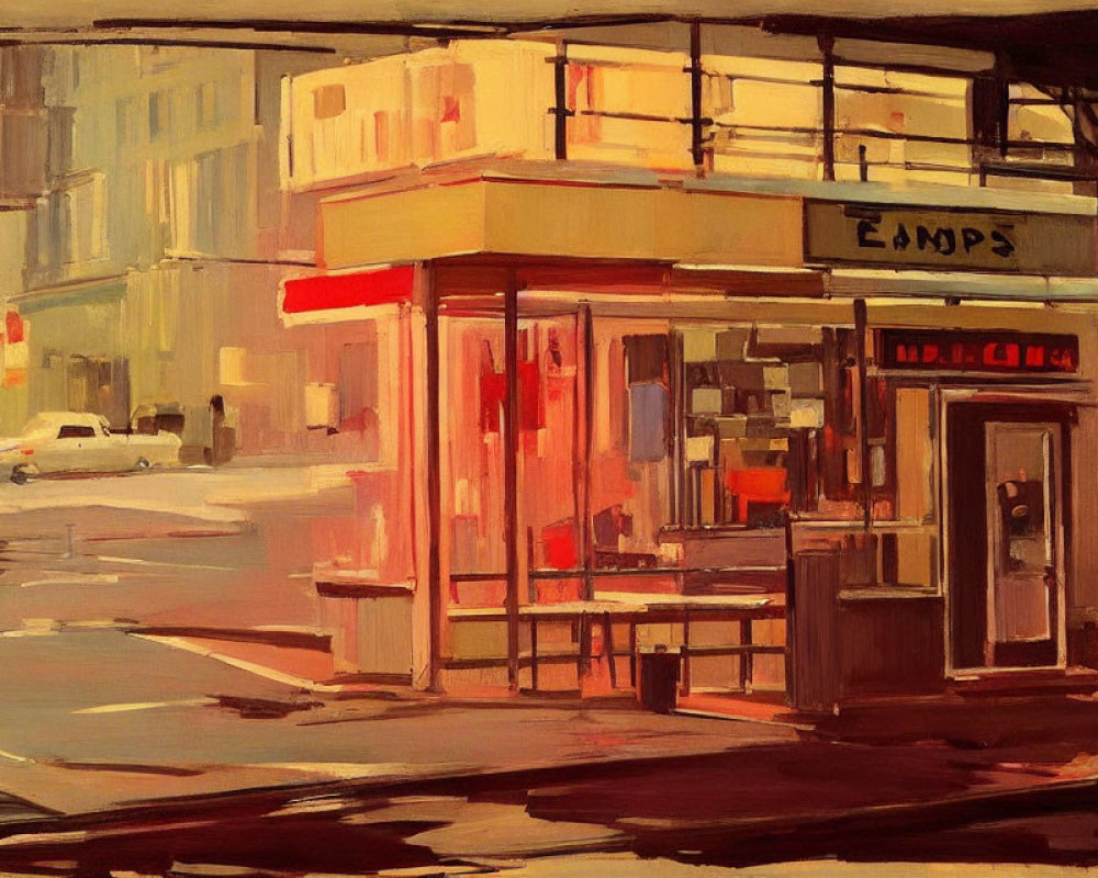 Vintage street corner painting with warm tones and soft brushstrokes