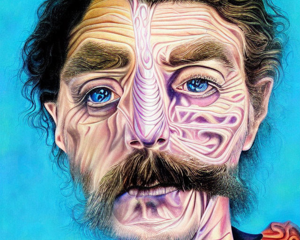 Colorful portrait of a man with intricate face patterns on a blue backdrop