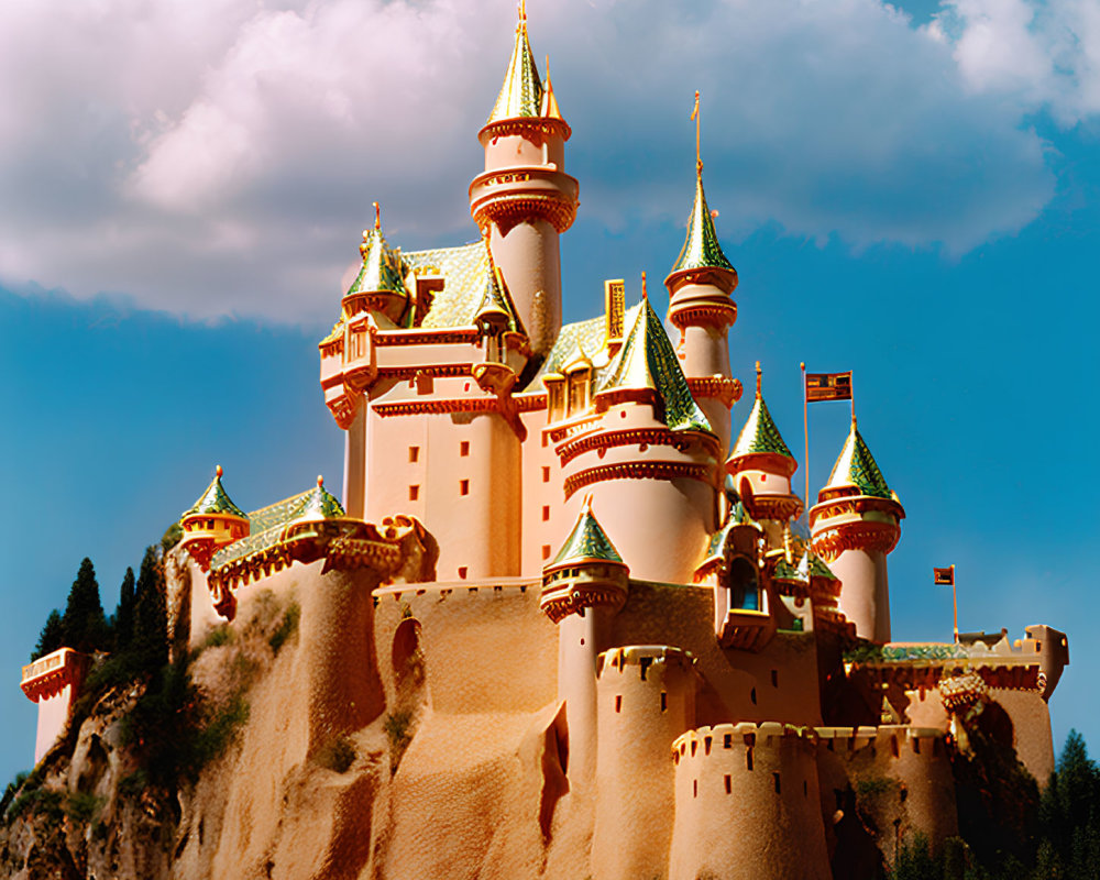 Pink and Golden Turreted Fairy Tale Castle Against Blue Sky