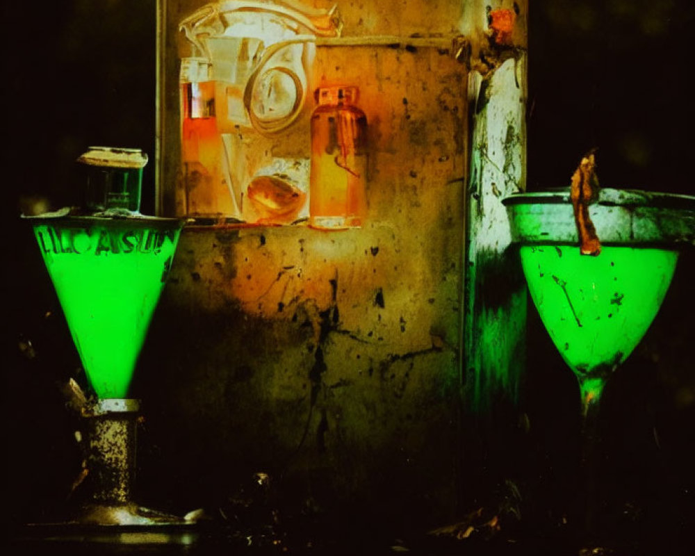 Dimly Lit Science Lab Scene with Green Glowing Liquid and Corroded Equipment