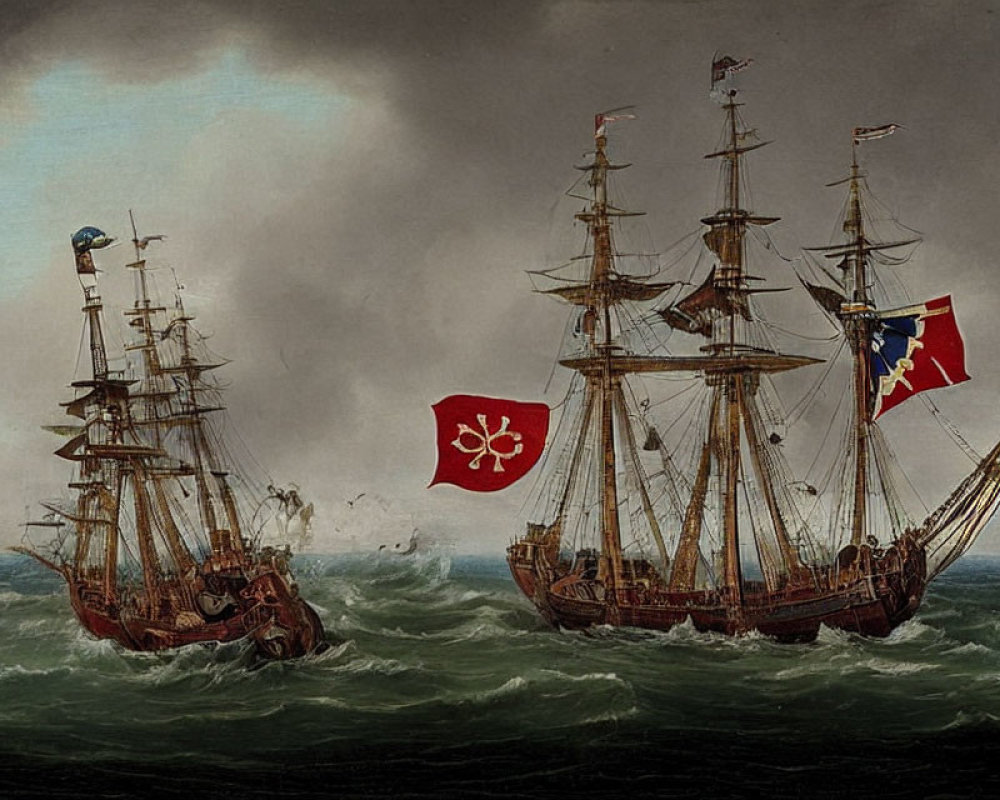 Two old sailing ships with raised flags on a stormy sea, one with red flag.