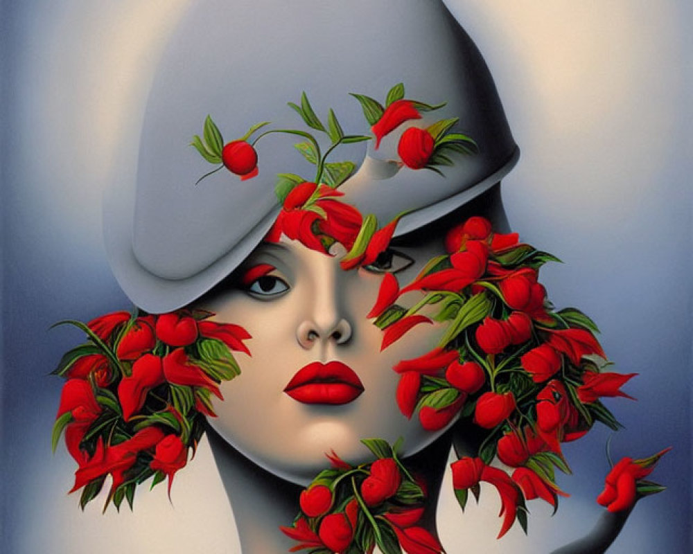 Surreal illustration: Person with red flowers and berries on face, blue background