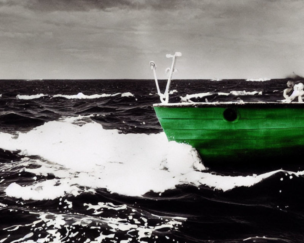 Green boat with people navigating choppy seas under cloudy sky