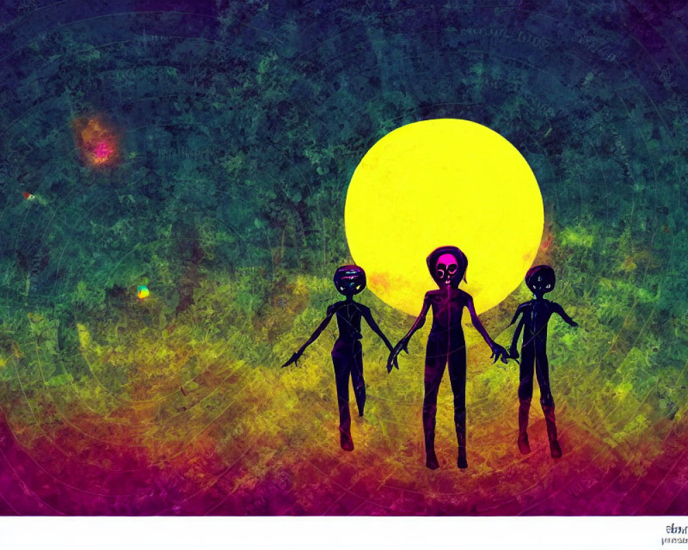 Abstract Art: Three Stylized Figures Against Yellow Sun