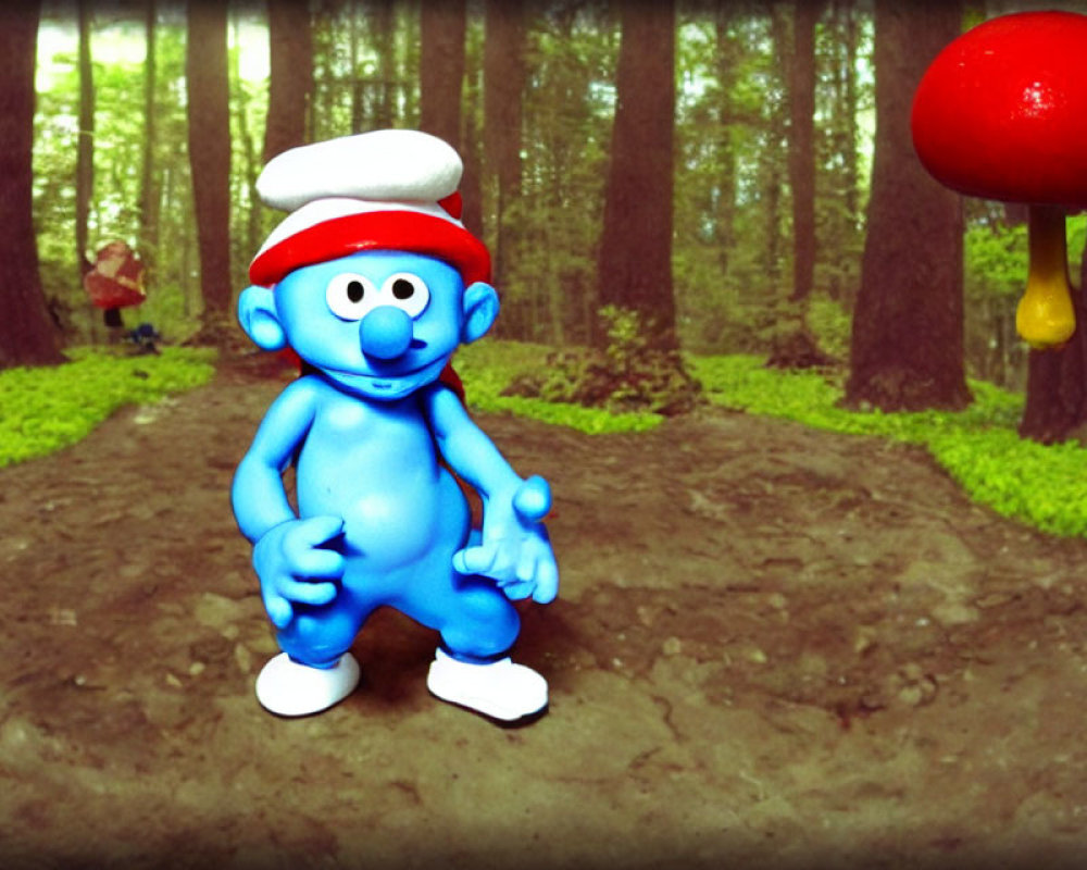 Blue cartoon character in forest with oversized mushrooms.