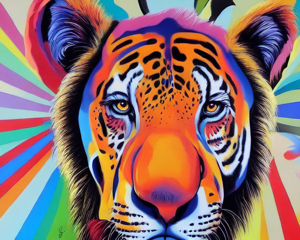 Vivid Tiger Face Painting with Rainbow-Colored Rays