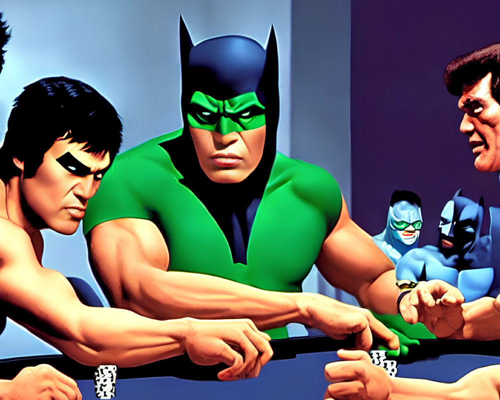 Famous superheroes in arm wrestling match with playing cards