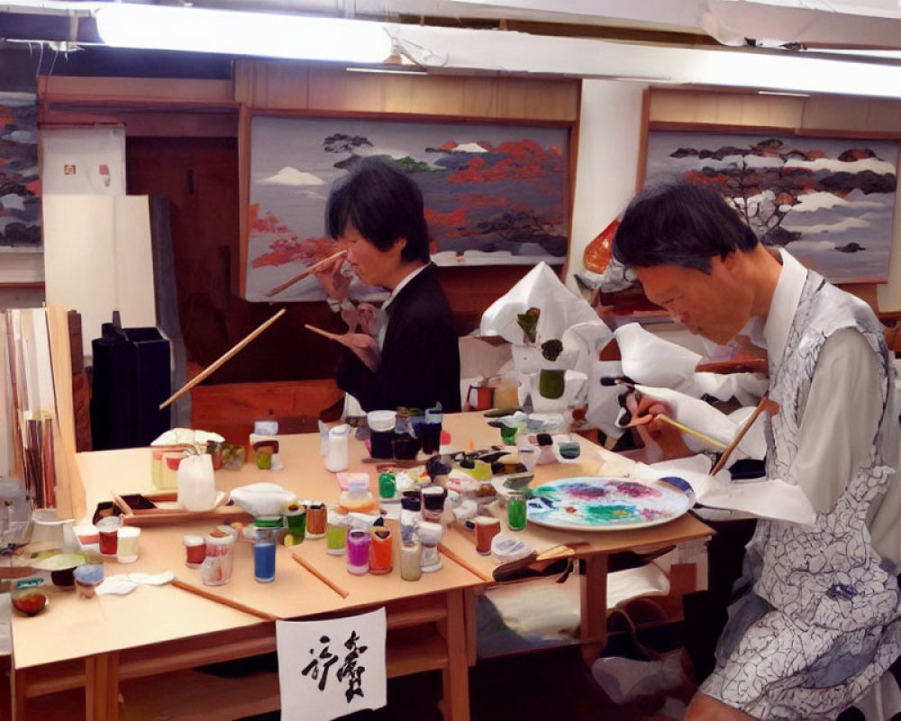 Two individuals painting in a traditional Japanese art class with brushes and colors.